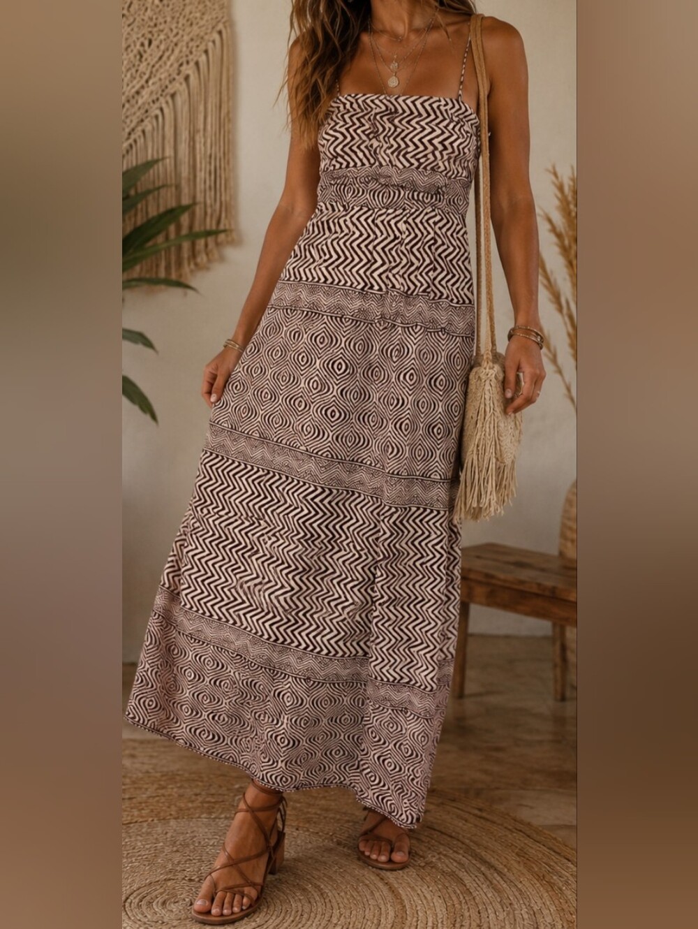 Edme & Esyllte Anthropologi Boho Geo-Print Maxi Skirt in Brown & Cream